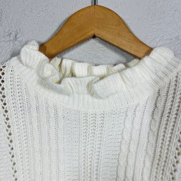 Mustard Seed Cable Knit Ruffle Neck Sweater Cream Casual Knit Long Slv - L - Picture 3 of 5
